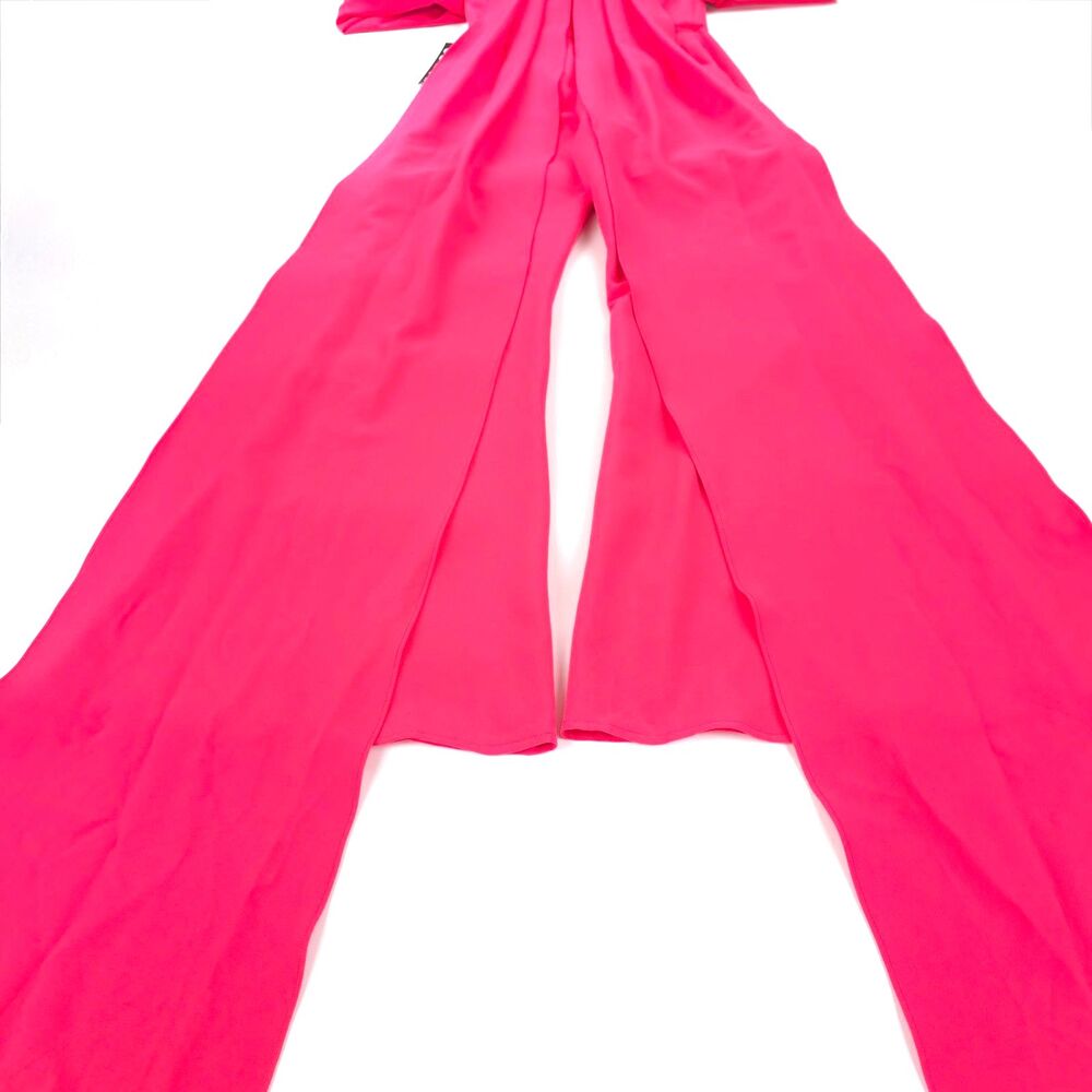 NWT Jovani 08209 Off-shoulder Straight Neck Draped Flare Jumpsuit Lipstick Pink - Picture 8 of 11